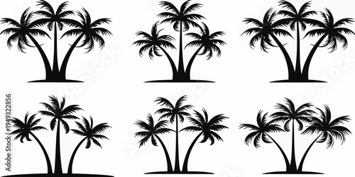 Collection of silhouetted palm trees against a plain white background