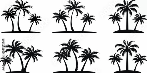 Silhouette collection of tropical palm trees on white background