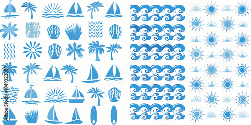 Collection of blue summer icons featuring sea sun and tropical themes