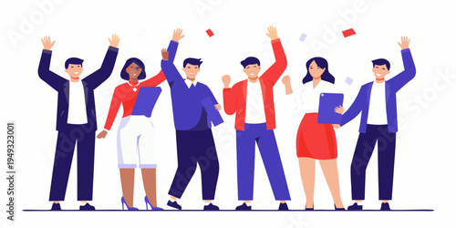 Diverse group of people celebrating success with arms raised in joy