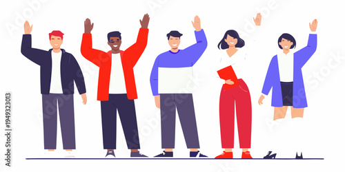 Diverse group of people raising hands in a cheerful unified pose