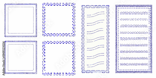 Four sets of rectangular and elongated frames with blue dotted patterns