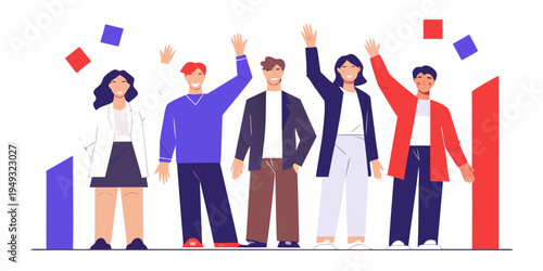 Celebratory team of diverse people raising hands in a joyful moment