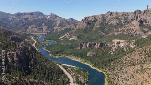 Aerial 4K view of Valle Encantado and Limay River near Bariloche and Neuquen. Cinematic drone footage of the winding river and unique rock formations in Patagonia, Argentina.
