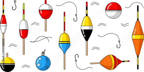 Fishing Float and Bobber Vector Icon Set with Hooks, Lines and Colorful Angling Equipment Symbols for Fishing Sport, Tackle Shop and Outdoor Design
