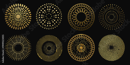 Eight golden oval frames with intricate radial patterns on black