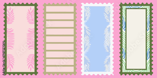 Four decorative postage stamp shaped designs with floral and linear patterns