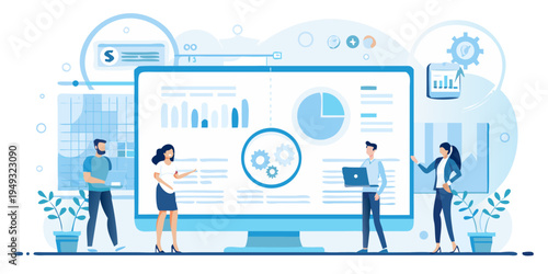 Team collaborates analyzing data displayed on a large computer screen