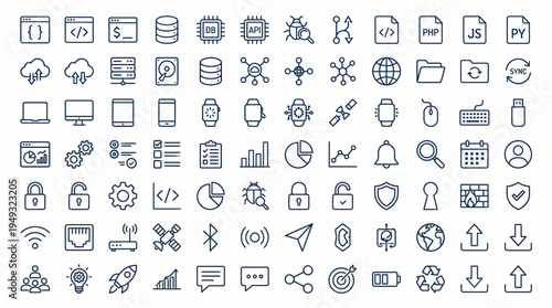 Technology Computing Communication Vector Icon Collection Featuring Laptops, Mobile Devices, Cloud Storage, Servers, Security Shields, Networking, Charts, File Sharing, Wireless Signals, Minimalist 