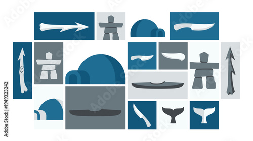 A set of vector icons depicting traditional Inuit cultural symbols is arranged in a grid pattern on a clean white background.