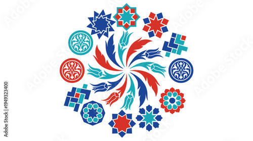 A circular composition of traditional Turkish and Islamic art motifs, including tulips and geometric stars, is displayed on a white background.