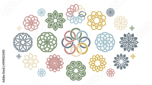 A collection of intricate geometric floral mandalas in a muted color palette is scattered elegantly across a white background.