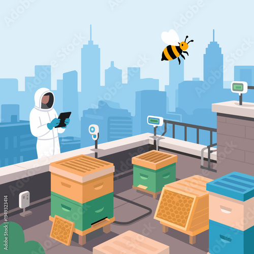 Urban beekeeper watching hives on a rooftop with a city skyline