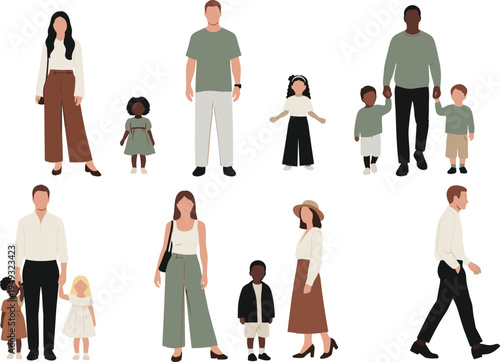Diverse family characters illustration set featuring parents, children and multicultural people standing together isolated for lifestyle, parenting and community design