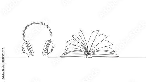 Headphones connected to an open book with a single continuous line drawing style on a white background, representing audiobooks.