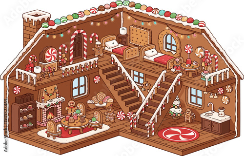 Gingerbread Christmas House Interior Illustration with Candy Decorations, Cookie Furniture, Sweet Bakery Room and Festive Holiday Dessert Scene for Winter Designs