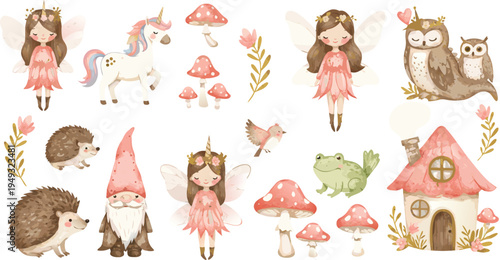 Whimsical illustration of little girl with animals and fantasy creatures in forest