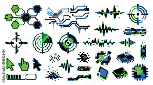 A diverse set of green and blue glitched technology icons, including targets, circuit boards, and sound waves, is shown against a plain backdrop.