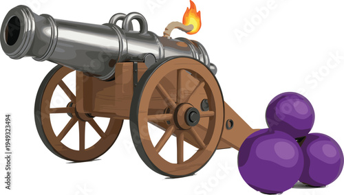 Medieval cannon artillery weapon with wooden wheels and cannonballs historical warfare vector illustration