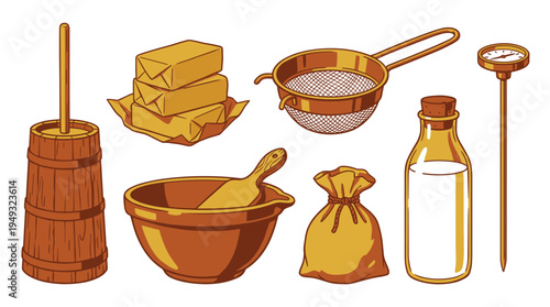 A set of vintage-style illustrations shows equipment for making butter, including a churn, milk bottle, sieve, and sticks of butter.