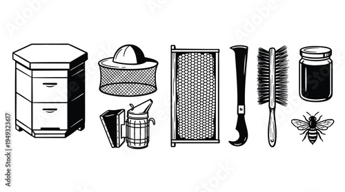 A collection of black and white beekeeping equipment icons, including a beehive, smoker, honeycomb frame, and a bee, is neatly arranged.