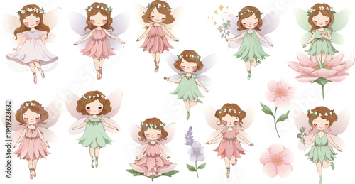 Collection of whimsical fairy illustrations in various pastel colored dresses and flowers