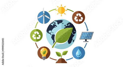 Global Environmental Sustainability Concept: Renewable Energy, Recycling, and Nature Cycle Icons Infographic