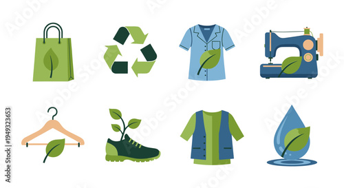 Sustainable Fashion & Green Textile Production Icons. Eco-Friendly Clothing, Recycling, Organic Materials, and Ethical Manufacturing Concepts for a Responsible Future.