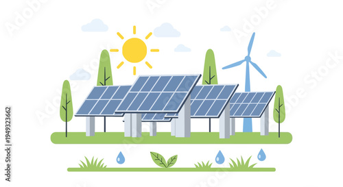 Renewable Energy and Sustainable Environment Illustration with Solar Panels, Wind Turbine, Sun, and Nature Elements