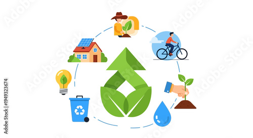 Eco-Friendly Sustainable Lifestyle Cycle: Renewable Energy, Recycling, and Nature Conservation Illustration