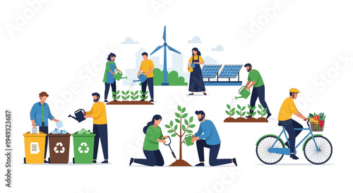 Environmental Conservation & Sustainable Living: People Engaging in Recycling, Tree Planting, Renewable Energy, and Eco-Friendly Activities