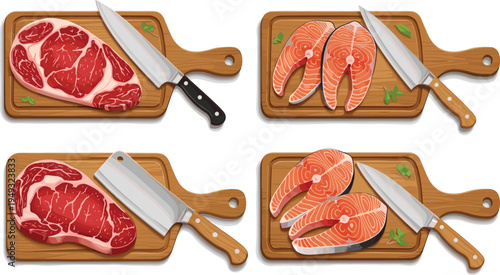 Raw beef steak and salmon fish slices on wooden cutting board with kitchen knife vector illustration set