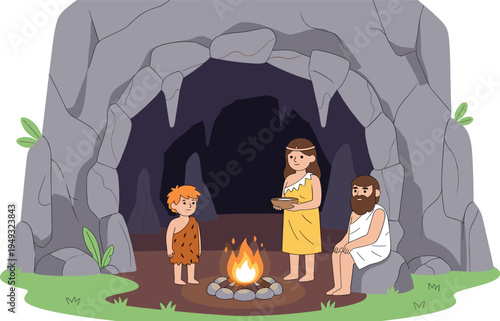 Prehistoric cave people family around fire inside stone cave ancient human life vector illustration