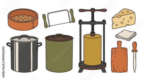 A colorful collection of cartoon illustrations for cheesemaking and cooking is displayed against a plain white background.