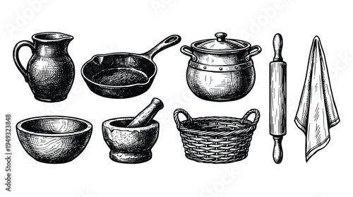 A set of vintage, hand-drawn kitchen utensils and cookware, including a cast iron skillet and a mortar, is shown on a white background.