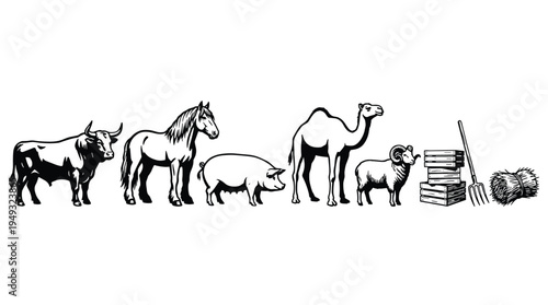 A collection of black and white farm animal illustrations, including a bull, horse, and pig, is arranged in a row on a white background.