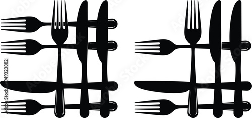 Fork and knife cutlery silhouette arrangement set representing restaurant table setting, dining utensils and food service concept