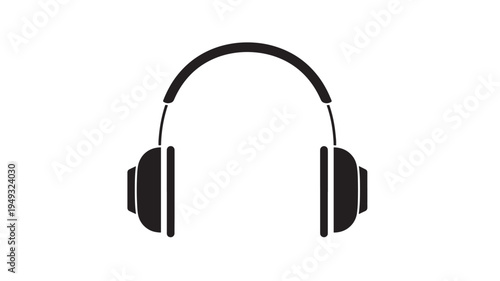 Headphones simple black icon with earcups and headband for music listening and audio playback on white background.