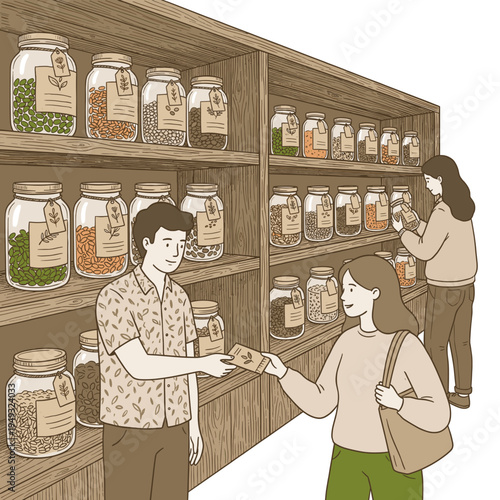 Customers purchasing bulk items in a sustainable grocery store