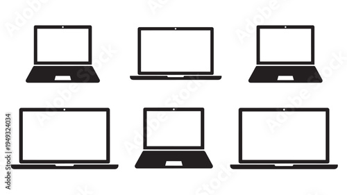 Laptops black simple icons showing different designs and angles with blank screens on a white background.