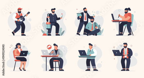 Diverse individuals engaged in various activities, from music to work