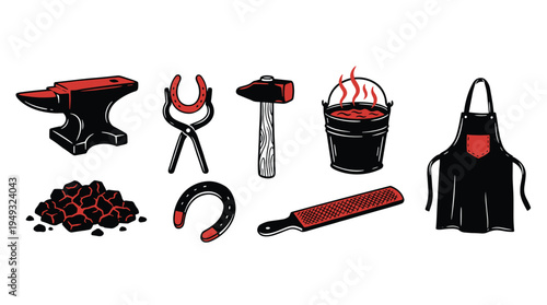 A collection of eight illustrated blacksmith and farrier tools, including an anvil and hammer, is shown with red accents on a white background.