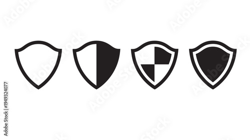 Shield icons set with outline, half filled, divided, and fully filled variations for security and protection concepts