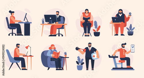 Diverse individuals engaged in various activities, from office work to personal pursuits