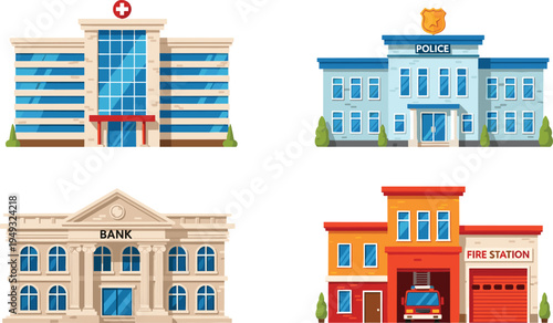 Public service buildings collection with hospital police station bank and fire station city architecture vector illustration set