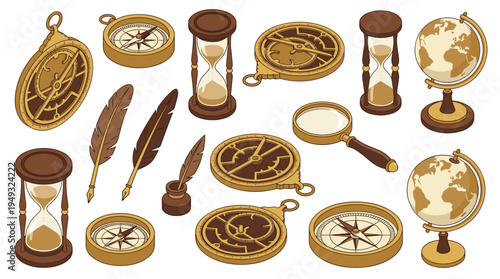 A large collection of vintage isometric navigation and cartography tools is illustrated on a white background.