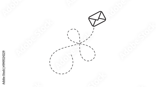 Envelope icon with dashed line tracing a curved path, representing delivery or communication in a simple graphic style.