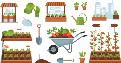 Urban Gardening and Vegetable Garden Icon Set with Raised Beds, Wheelbarrow, Tomato Plants, Tools and Balcony Garden Elements for Organic Farming Designs