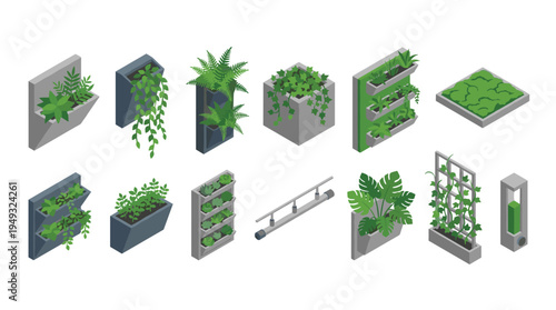 A diverse set of isometric vertical garden planters and green wall systems is displayed on a clean white background.
