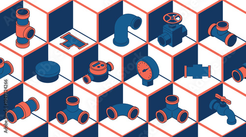 An isometric seamless pattern of various plumbing parts like pipes, valves, and gauges is arranged in a geometric cube grid.